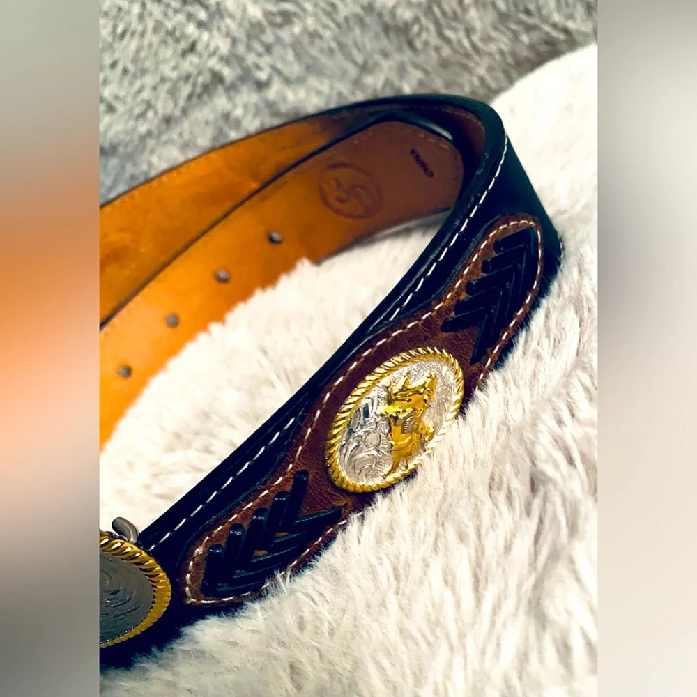 3D Kids Brown Leather Belt with Silver and Gold Buckle 2 Concho embellishments